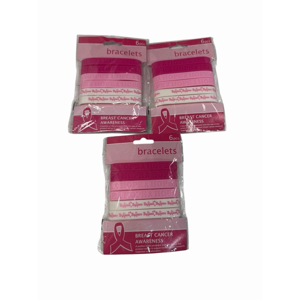 Pink Ribbon Rubber‎ Bracelets lot of 3 packs 6 count each 18 bracelets